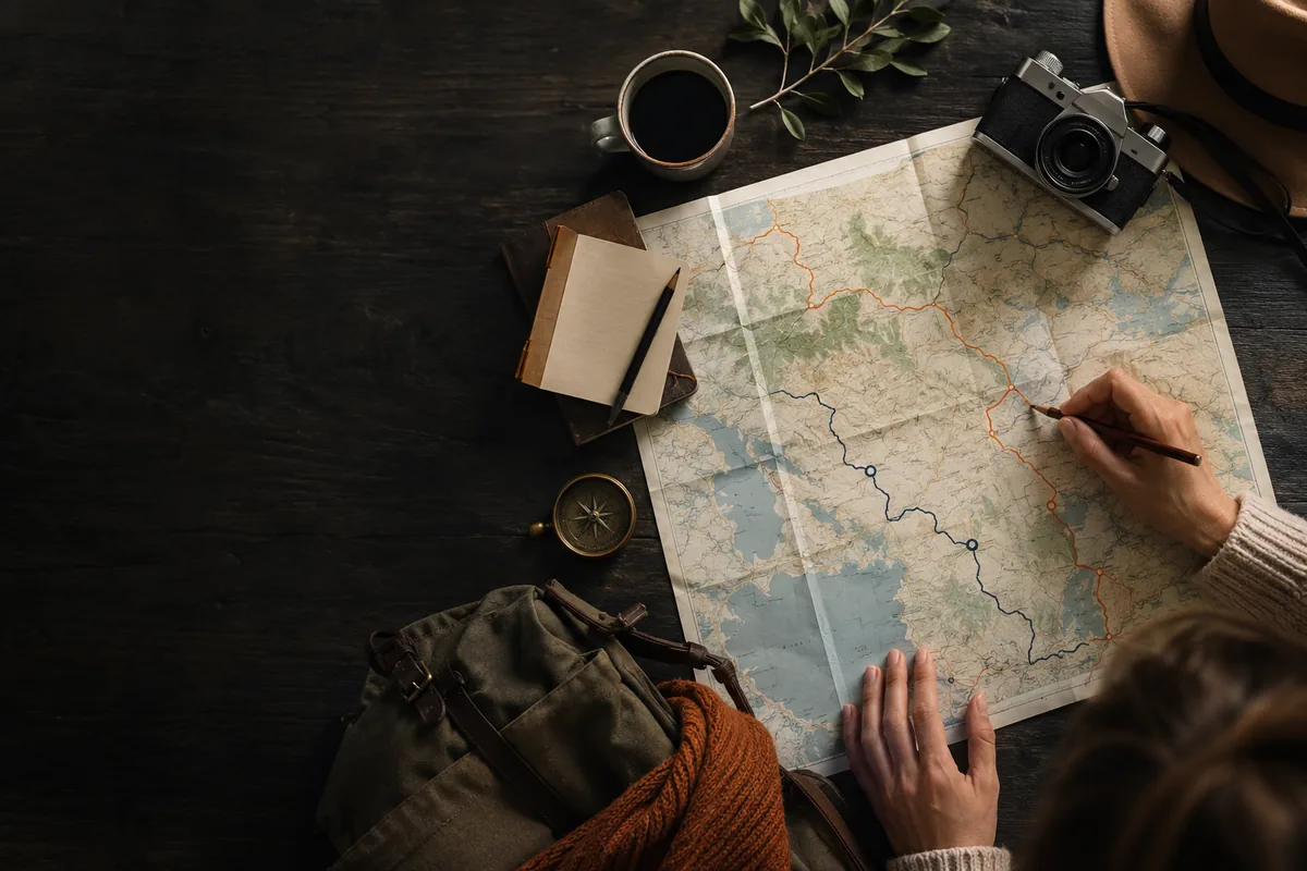 Illustration générée par IA : Itinéraire : une carte et des étapes préparées dans un carnet